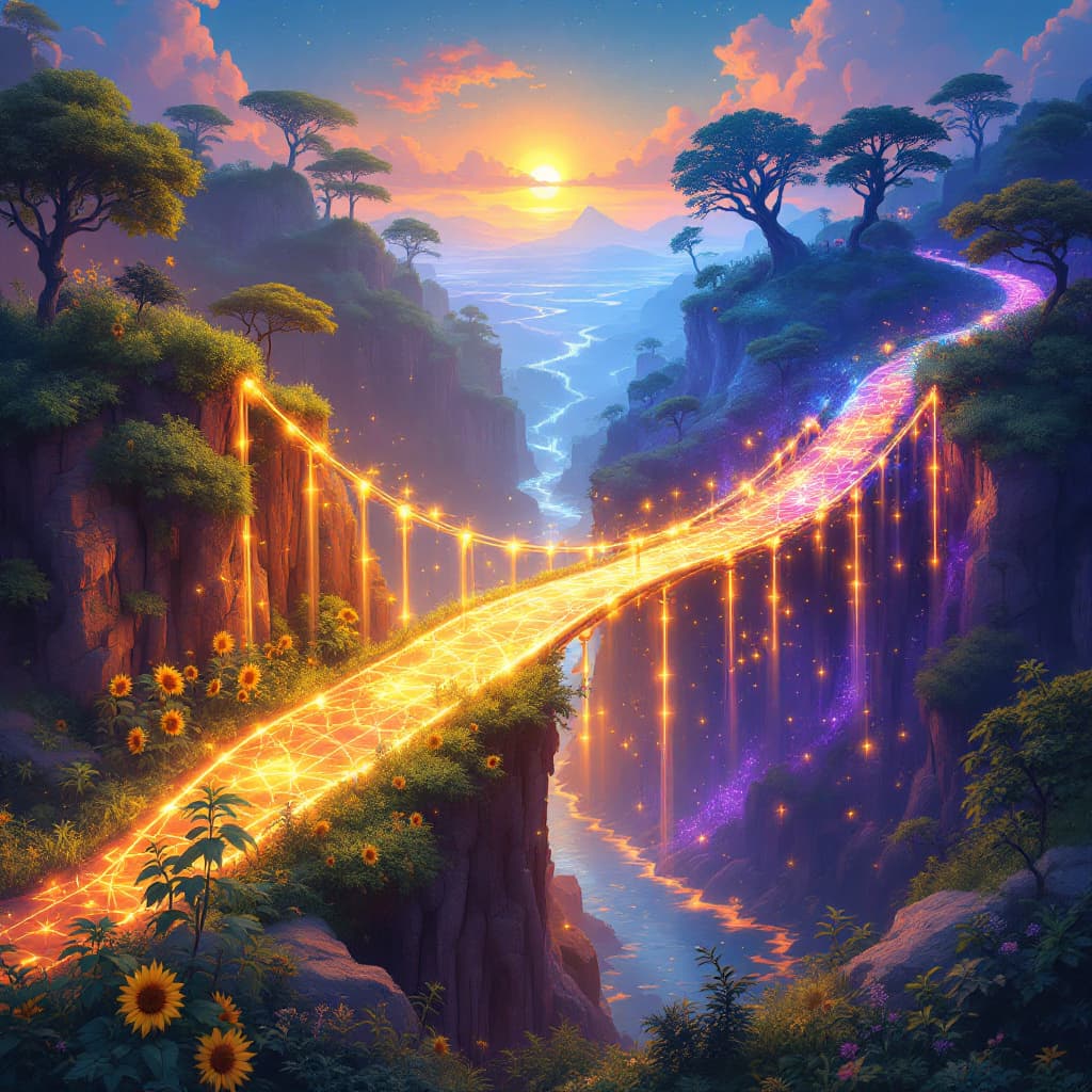 AI generated: 
"Create an illustration of a bridge made entirely out of glowing, colorful lights that connect thre...