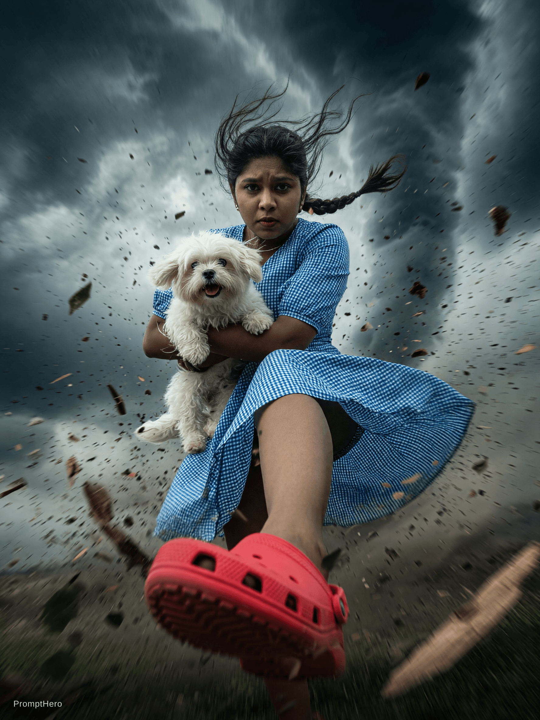 AI generated: {
  "scene": {
    "setting": "inside a swirling tornado",
    "mood": "dramatic and surreal",
    "...