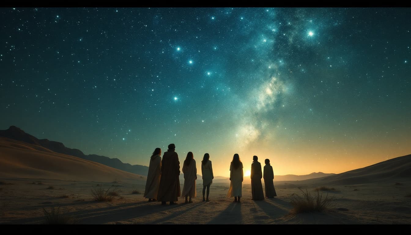 AI generated: Prompt: Back in the desert, a wide shot of the group looking up, a faint reed flute sound grows loud...