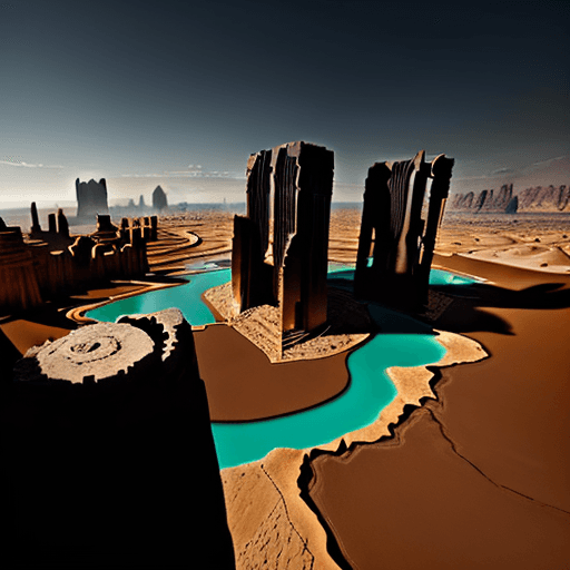 AI generated: Desert landscape, ruins of an advanced city on the left and right, colossal black tall elongated thi...