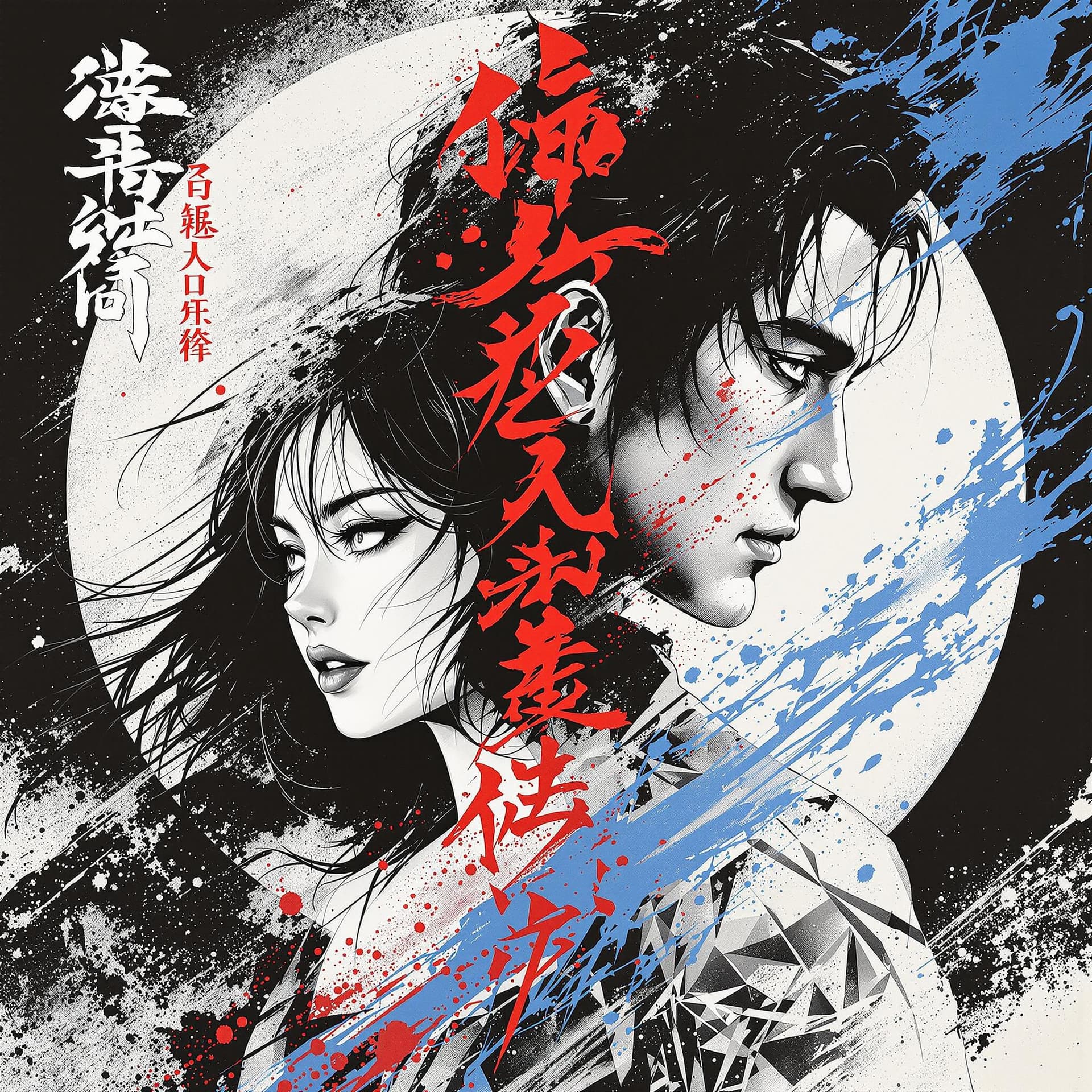 AI generated: Japanese art movie poster, female and male character in black, white, red and blue, in the style of ...