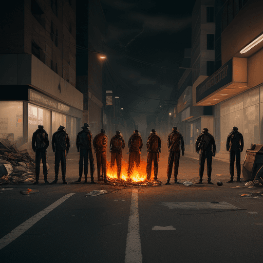 AI generated: Dystopian street corner at night with street gang standing around a burning trash barrel 