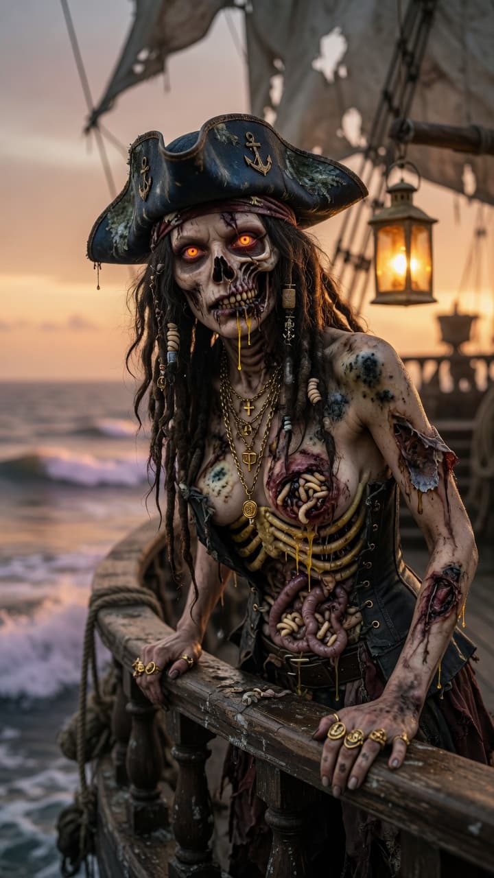 AI generated: Ultra-realistic photography of a grotesquely seductive half-decomposed female pirate captain standin...