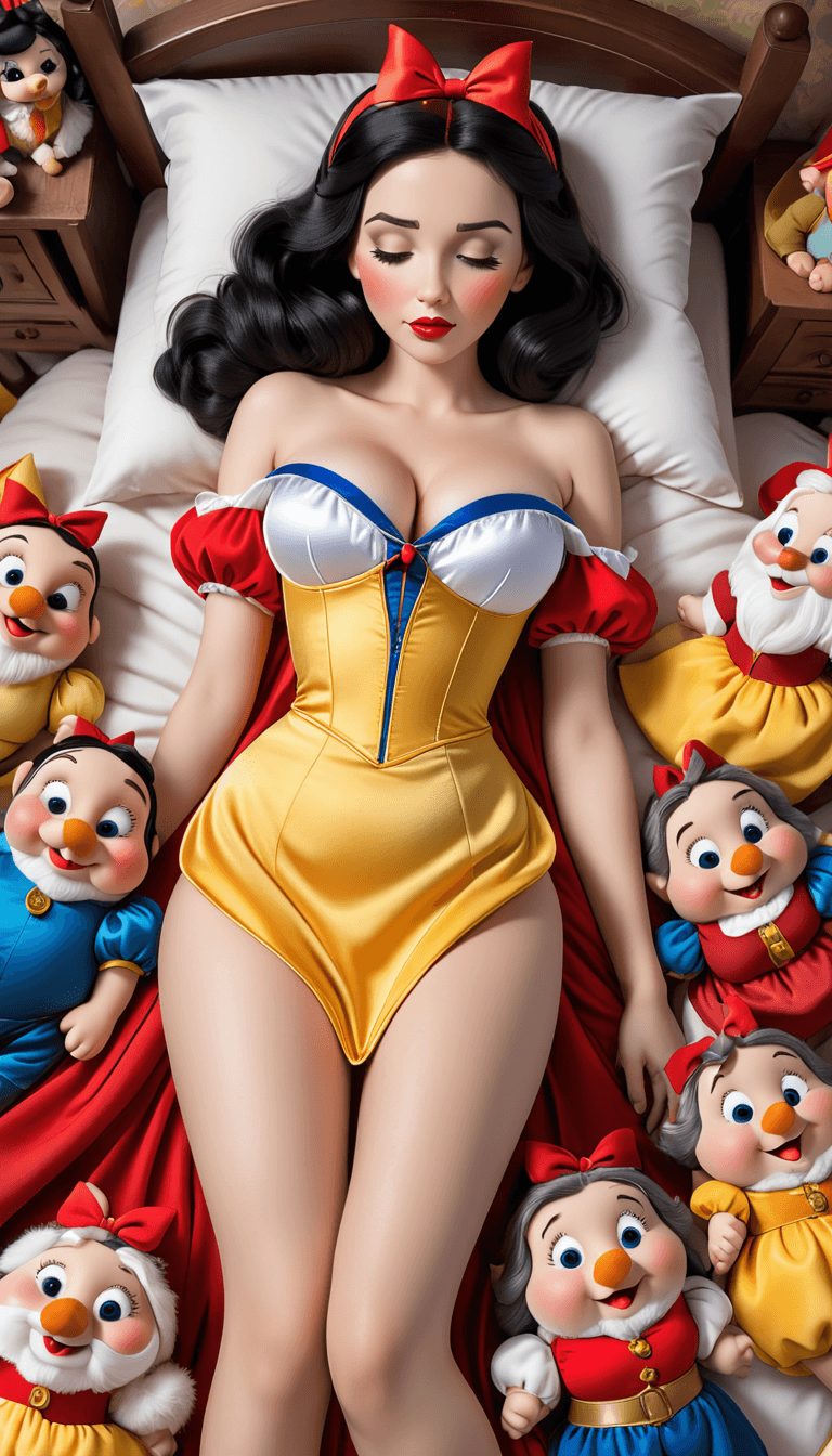 AI generated: (NSFW), full body view of adult snow white sleeping on a bed wearing a revealing dress, view from ab...