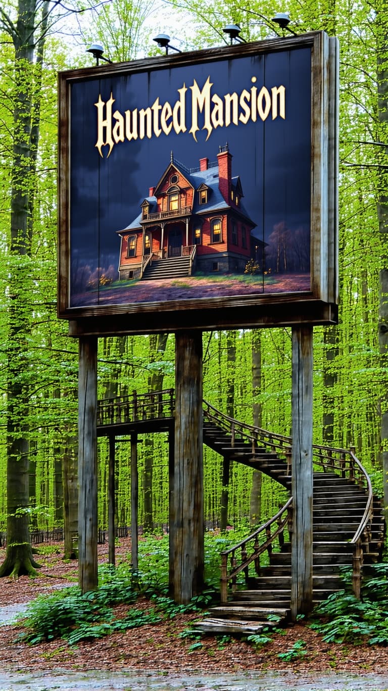 AI generated: A very detailed 1920's wooden billboard sing advertising a haunted mansion, picturing the mansion wi...