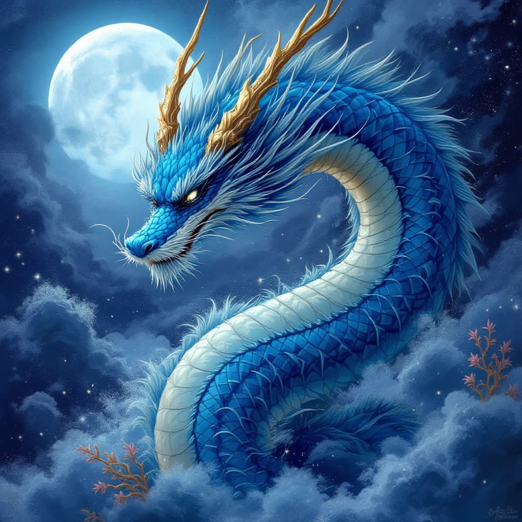 AI generated: Oriental blue dragón anime style design large