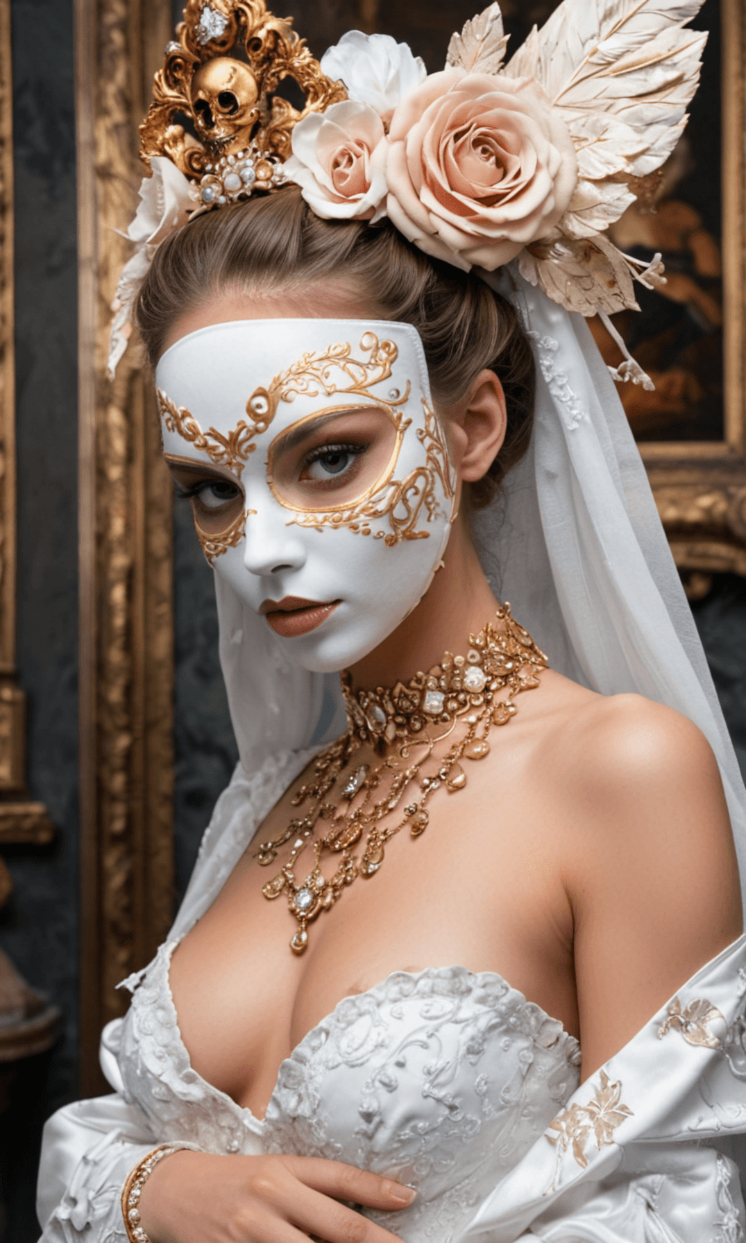 AI generated: Imagine a striking photo portrait of a woman, exuding a blend of ethereal beauty and bold fashion. H...