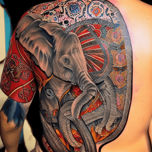 AI generated: TATTOO COLORED ON THE BACK, ELEPHANT, ARMOR, PERSIA, MONEY, LUCK,