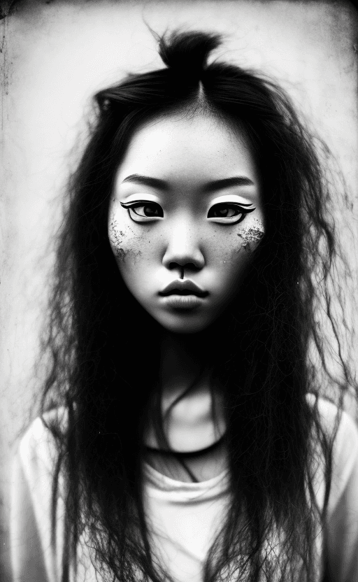 AI generated: black and white, grunge style photograph of ginger female instagram asian model face close up, beaut...