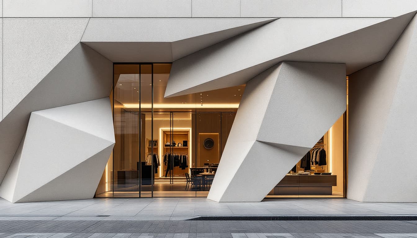 AI generated: Modern retail facade, geometric design, Leica SL2, 16-35mm wide-angle lens capturing the contrast of...