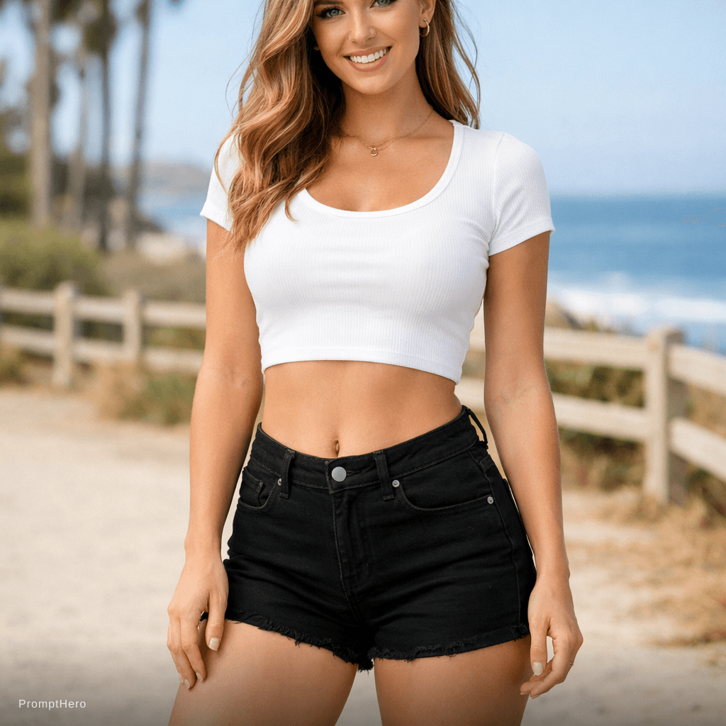 AI generated: make her in crop top and black shorts full image 