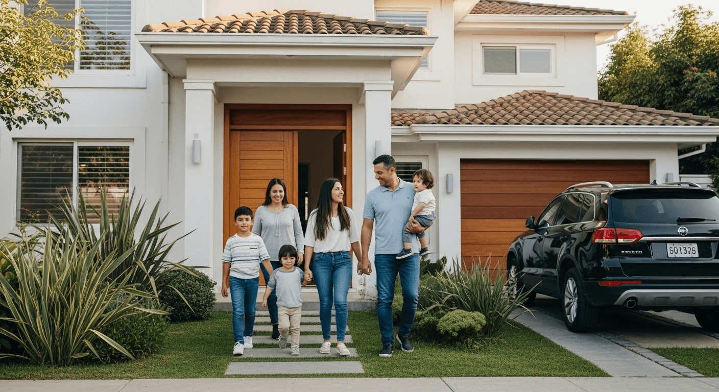 AI generated: Latin American family walking out of a contemporary house in Vitacura, Santiago de Chile, father wit...