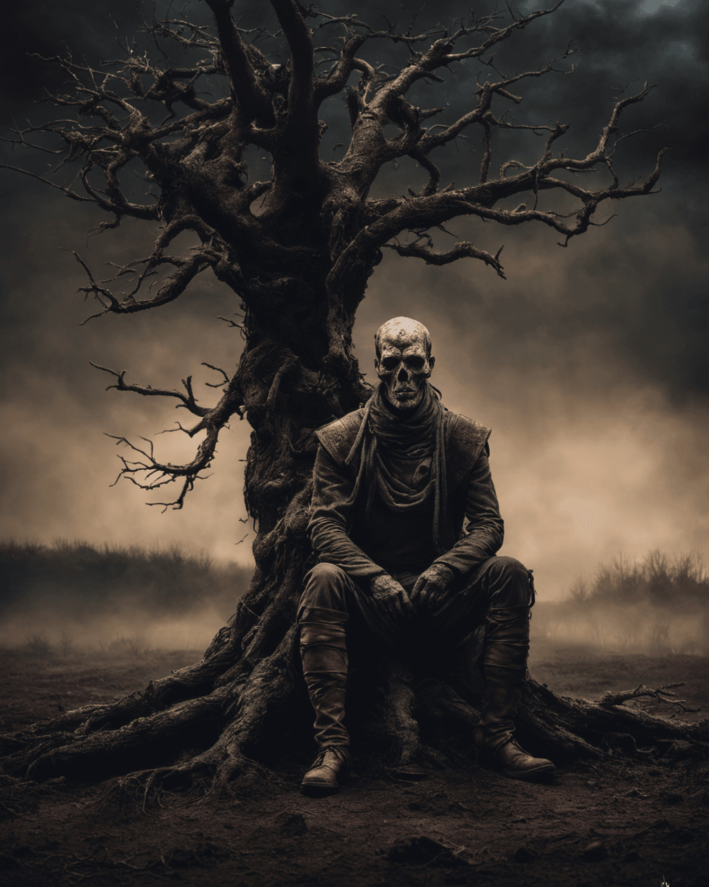 AI generated: Horror-themed surrealisim of the kinght skin made with dirt and planet root losing battle,sit on the...