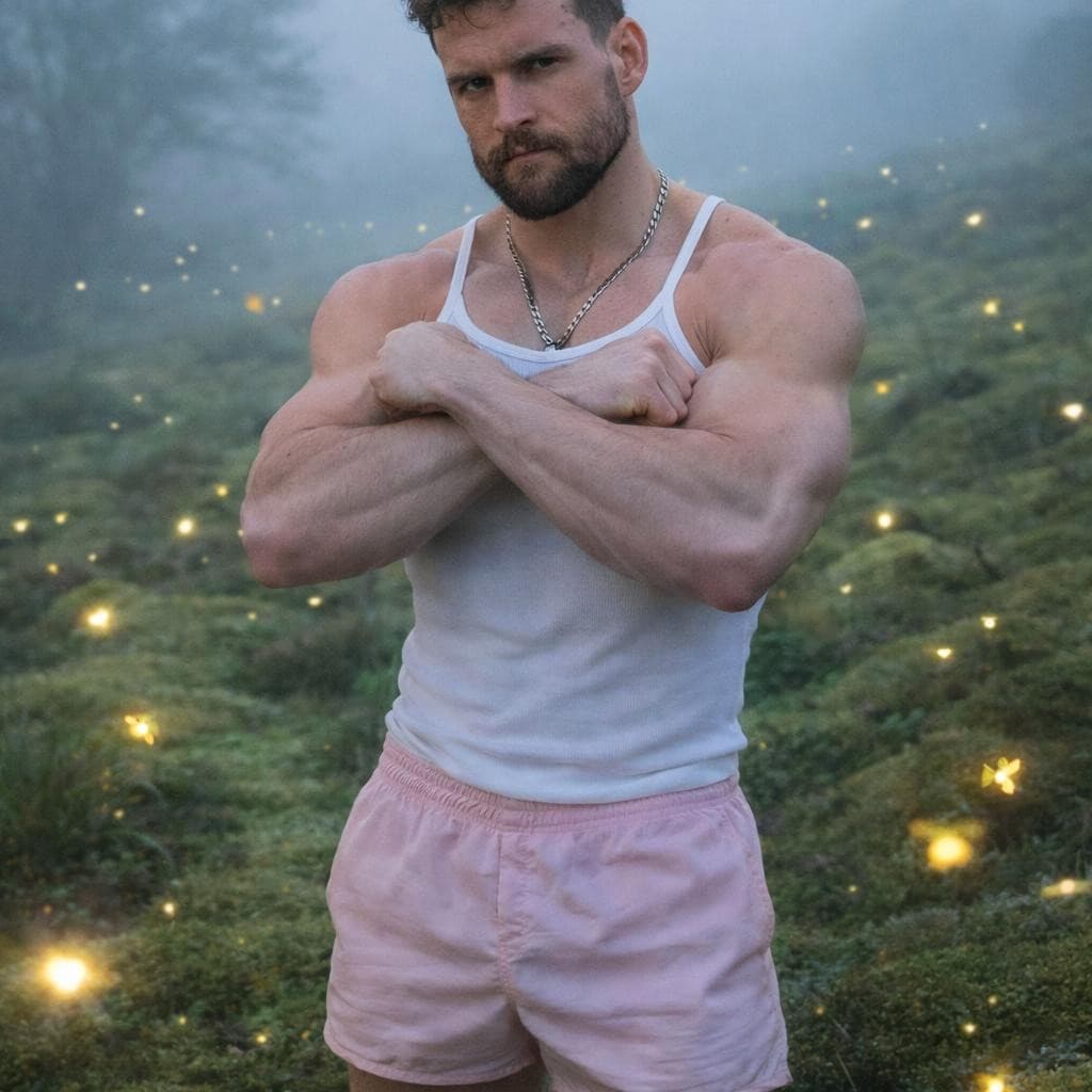 AI generated: Make this man standing in mossy field wearing light pink short shorts and a white thing strapped tan...