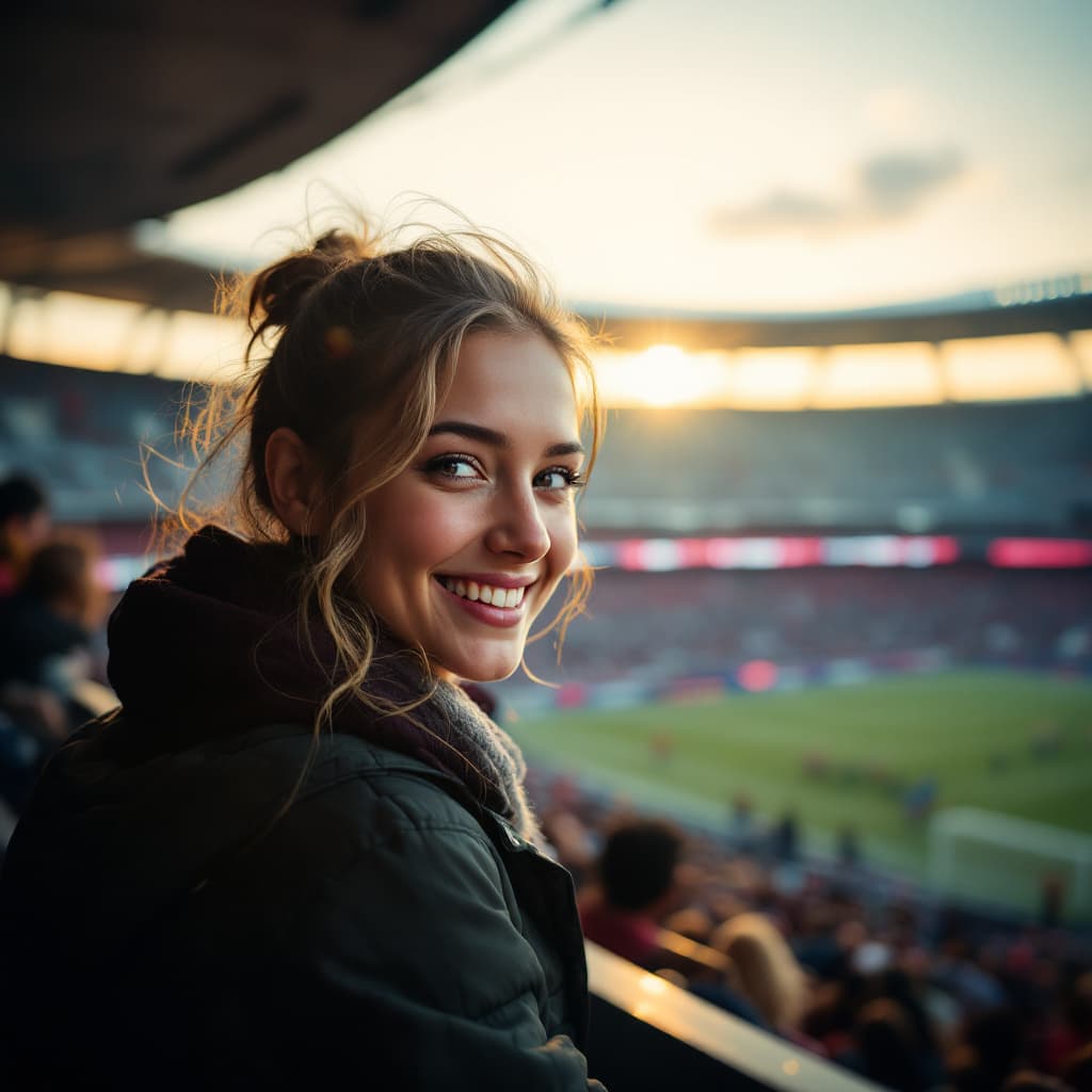 AI generated: smiling girl at the stadium looking at the camera, from the lens of Ciril Jazbec --ar 1:2 --stylize ...