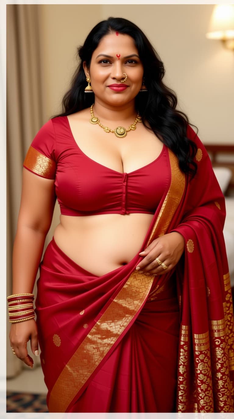 AI generated: use attached images and create 
AN indian 35 year chubby fair open naval , drop pallu, big boobs ,de...