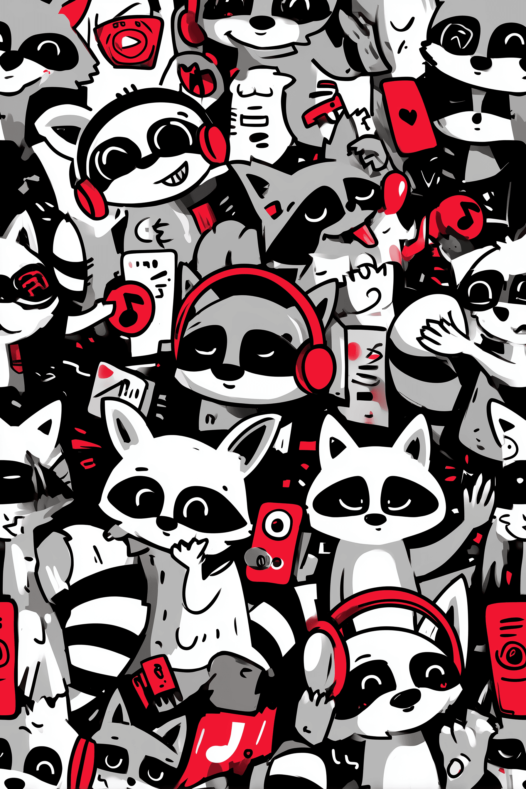 AI generated: comic pattern, bold outlines, dynamic, headphone wearing raccoons, 2d cartoon vector, clean --ar 2:3...