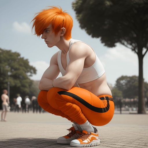 AI generated: "An Artistic Composition Featuring A Person With Orange Hair Casually Squatting In A Park, Capturing...