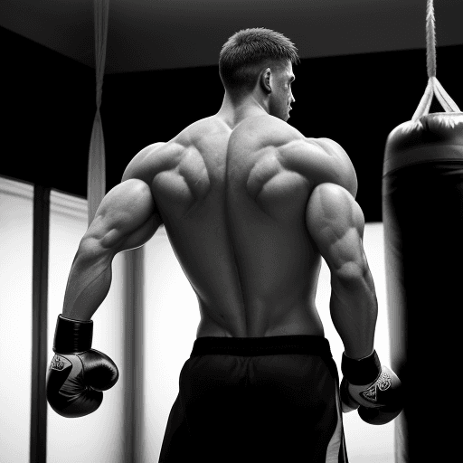 AI generated: "A grayscale image of a muscular boxer standing with his back to the viewer in front of a punching b...