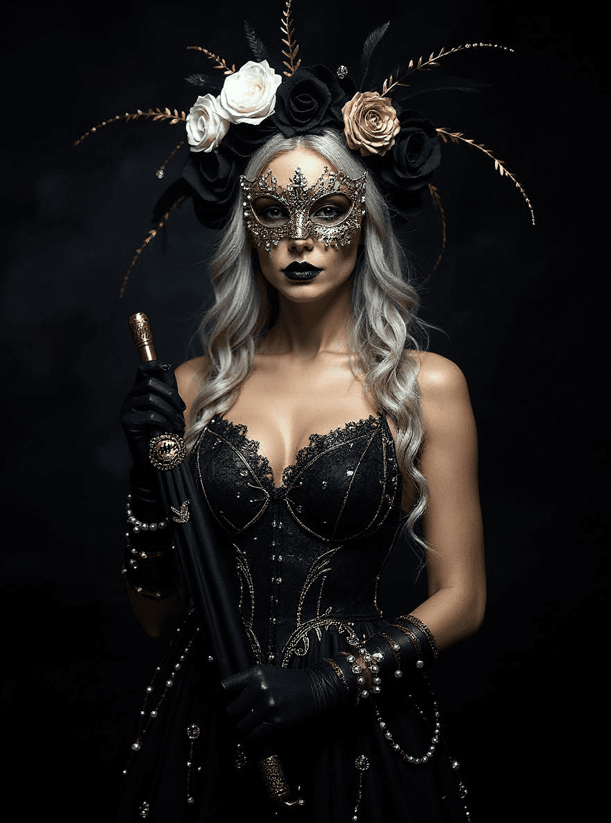 AI generated: "Luxurious and intricate masquerade portrait of an elegant woman adorned with a lavishly detailed ma...