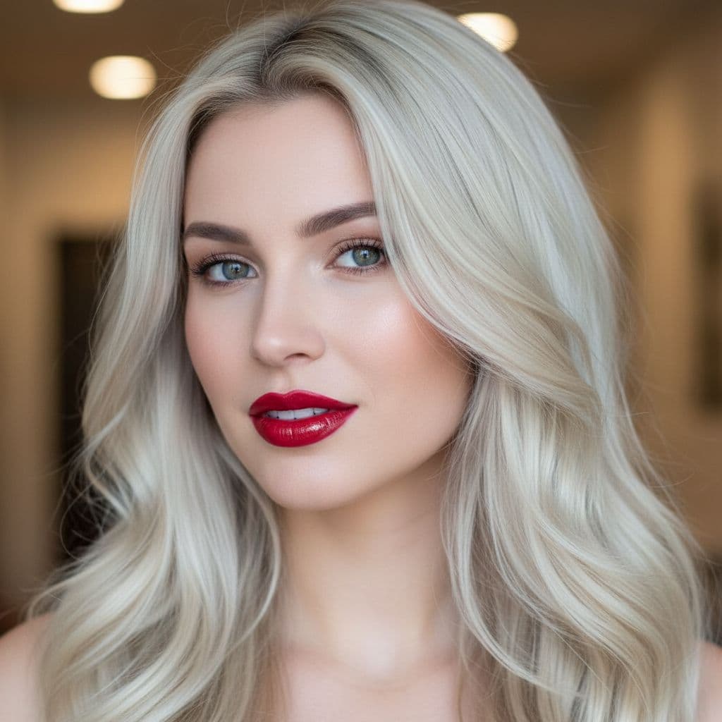 AI generated: Her hair is long platinum blonde with highlights, and styled in loose waves. Her lips are a glossy b...