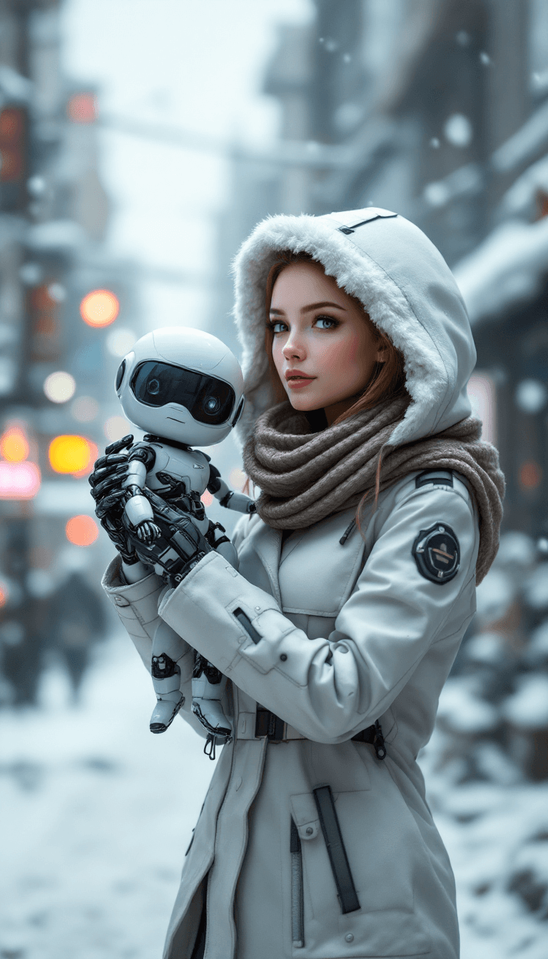 AI generated: female robot hooded, scarf, jacket, holding cute robot in arms,  background snowy city, style biomec...