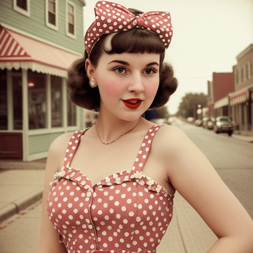 AI generated:  Create an image of a girl wearing a vintage-inspired outfit, such as a polka dot dress and retro ac...