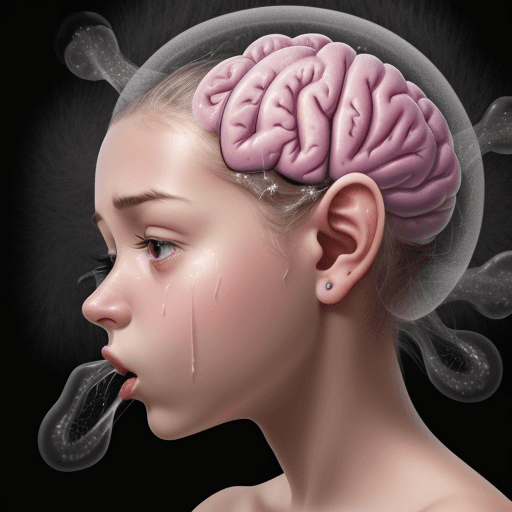 AI generated: Girl having her ears ejaculated into. A thought bubble of her brain being impregnated appears nearby...