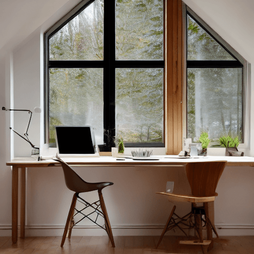 AI generated: A cozy Scandinavian home office, natural oak desk, ambient lighting from a floor-to-ceiling window, ...