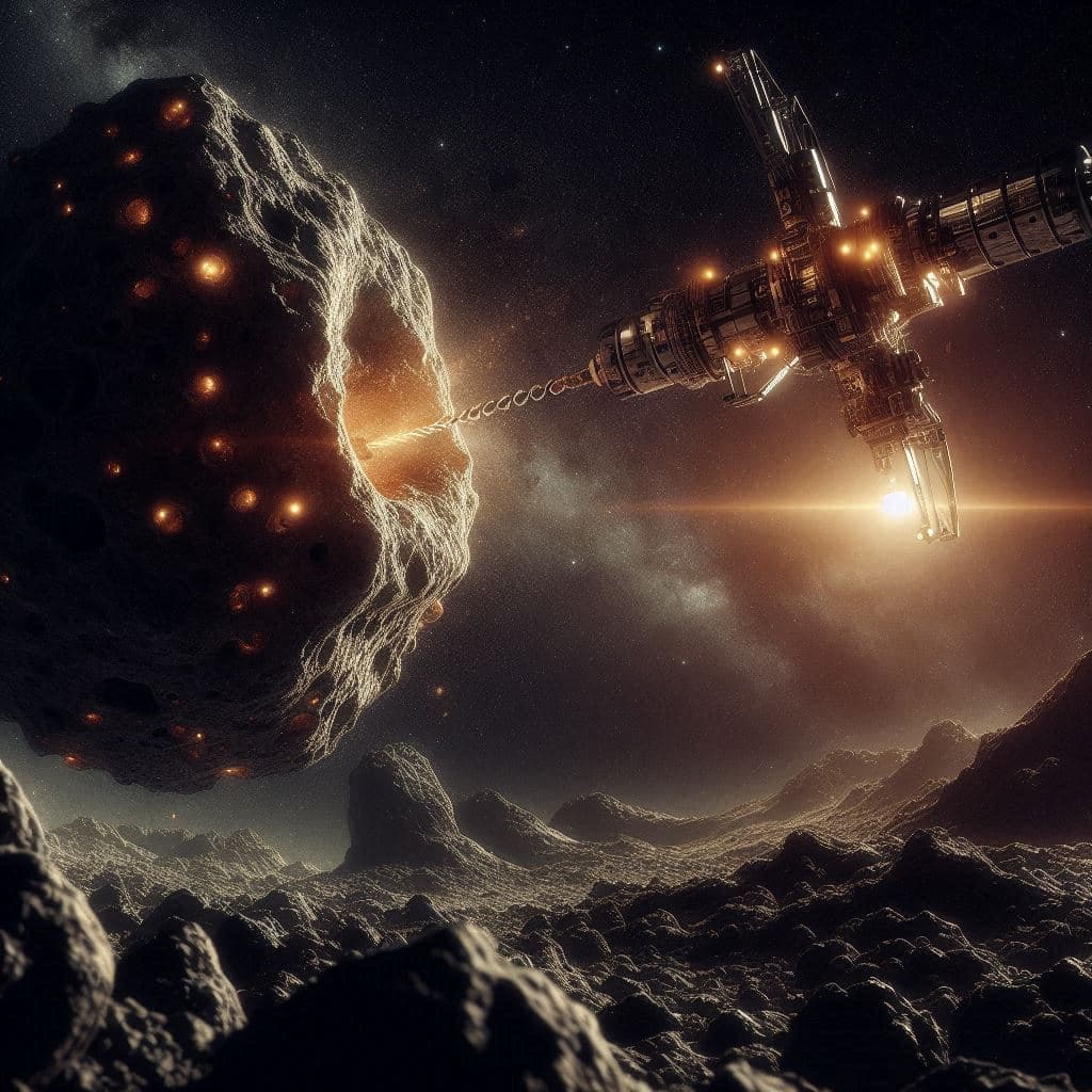 AI generated: An asteroid-lander drilling an asteroid, in the style of realistic hyper-detailed rendering, dark sp...