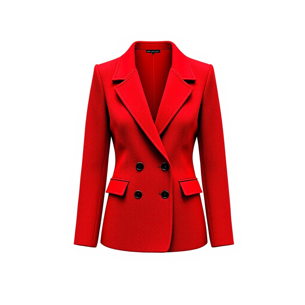 AI generated: This is an image of a red women's jacket made in an elegant and minimalist style. The jacket has a d...