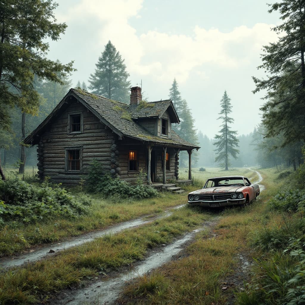 AI generated: The image shows an old, dilapidated gas log cabin along side a over grown dirt road.  There is a bro...