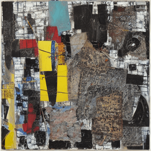 AI generated: mixed - media collage abstract painting in the style mark bradford. anselm kiefer figure-like shapes...