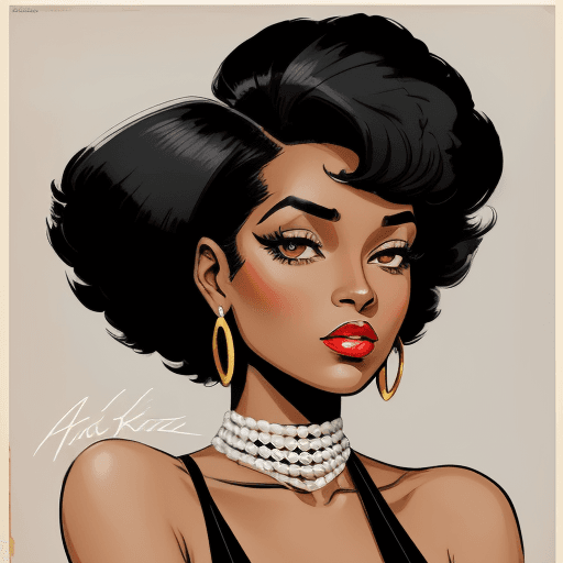 AI generated: Vintage fashion poster of an elegant black woman with black hair, drawn in the style of Paul Kenton,...