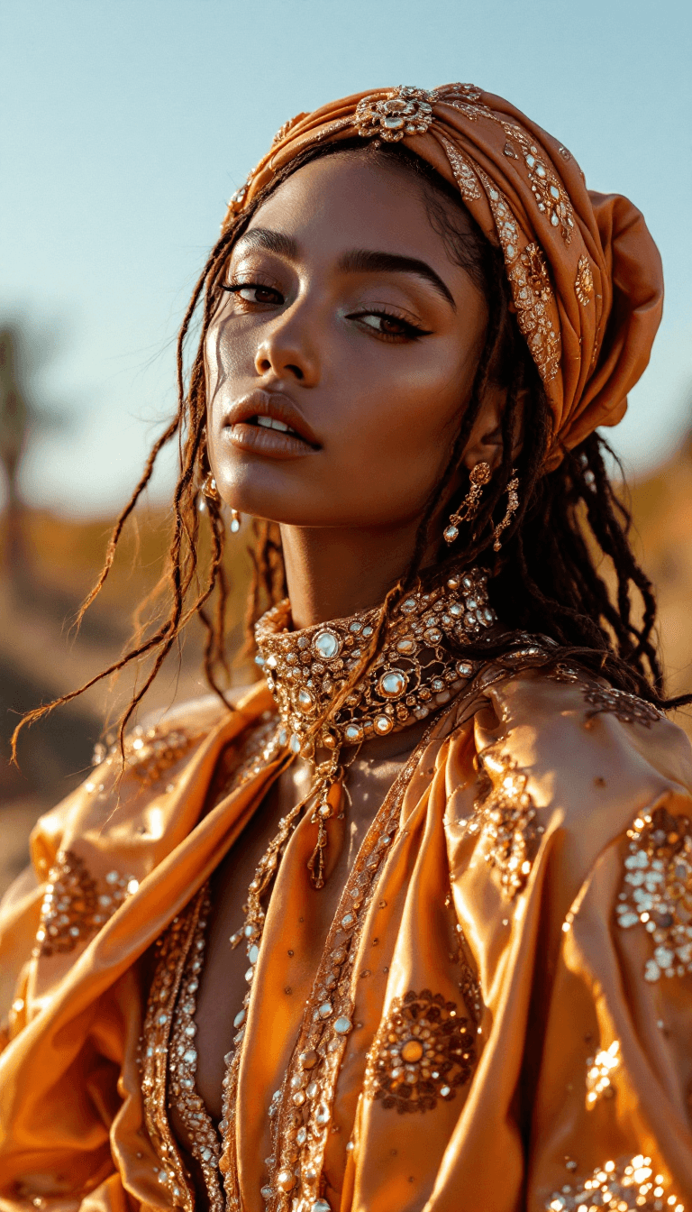 AI generated: fashion editorial shot by Tim Walker in a Moroccan farm, luxury silk resort wear, gorgeous female mo...
