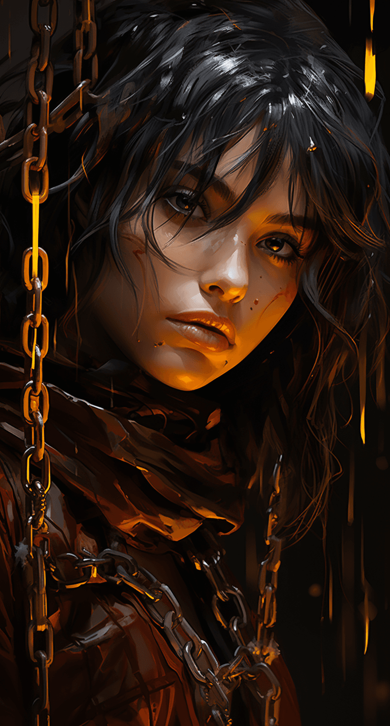 AI generated: a girl with a chain in her eyes and on her face, in the style of unreal engine 5, emotionally charge...