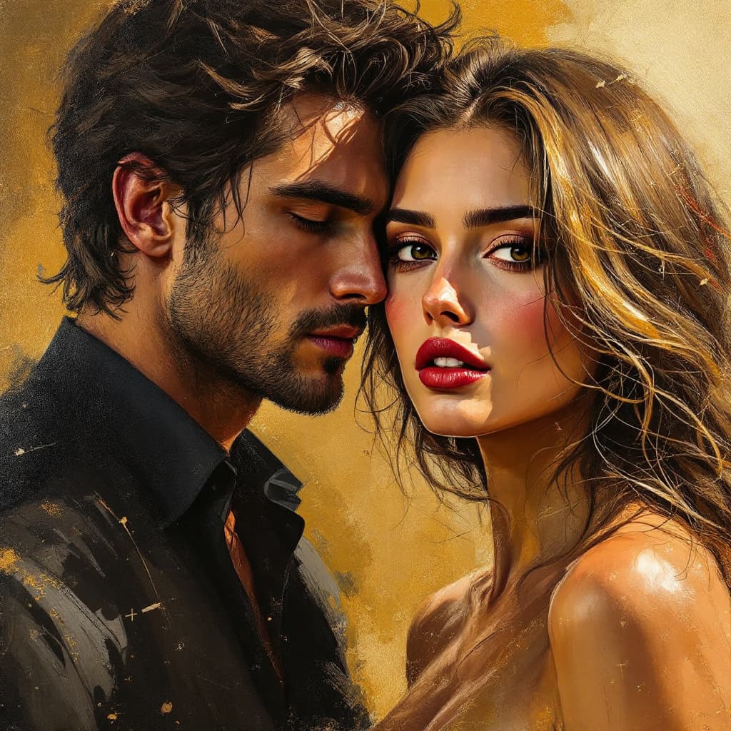 AI generated: a painting of a man and woman, in the style of brushstroke-intensive portraits, cinematic elegance, ...