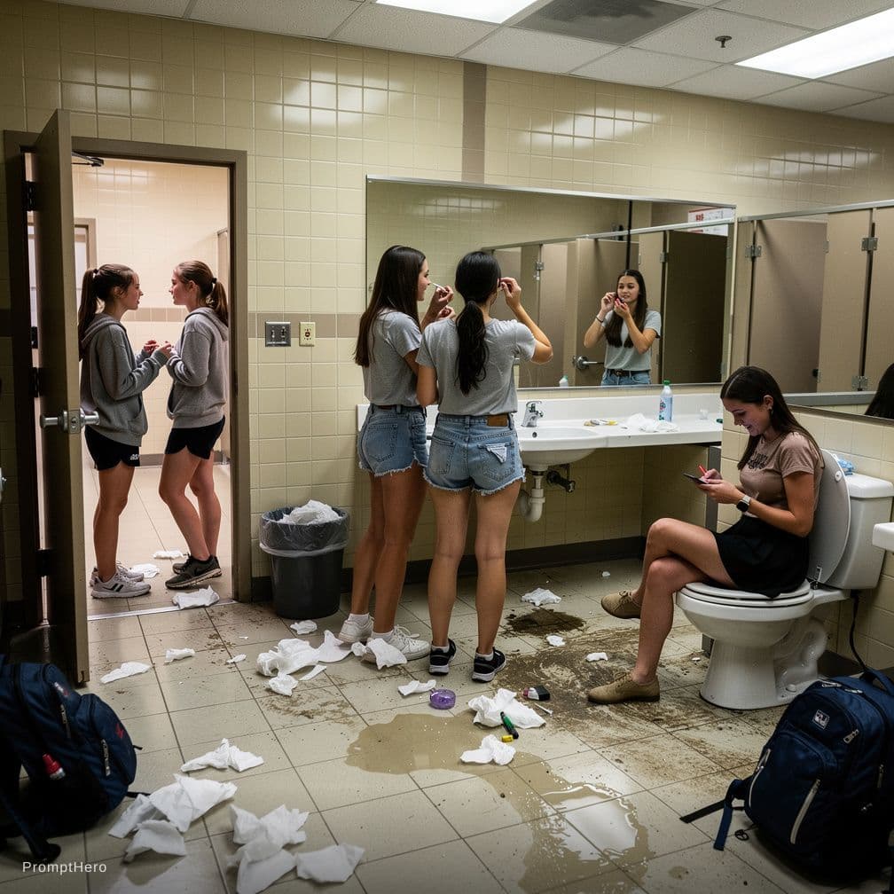 AI generated: in a messy girls toilet room. Two high school girls wearing cute shorts and bras standing in front o...