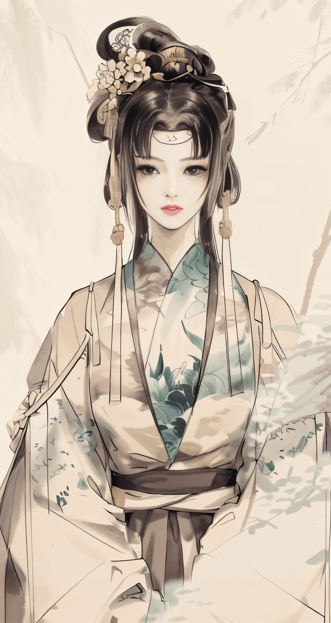 AI generated: shukezouma, negative space, , shuimobysim , portrait of a woman standing , willow branches, (masterp...