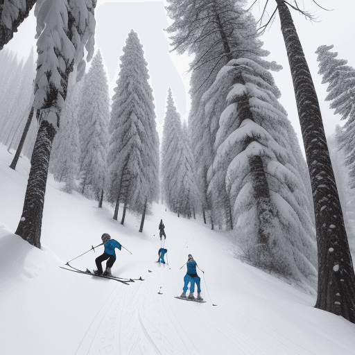 AI generated: a group skiing in the mountains in fresh powder snow through forest trees 