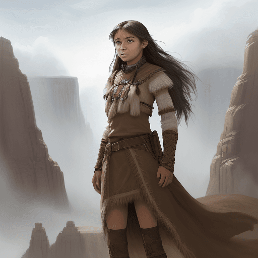 AI generated: a Sioux young lady, modest, lonely, courageous, powerful, beautiful, main character in epic fantasy ...