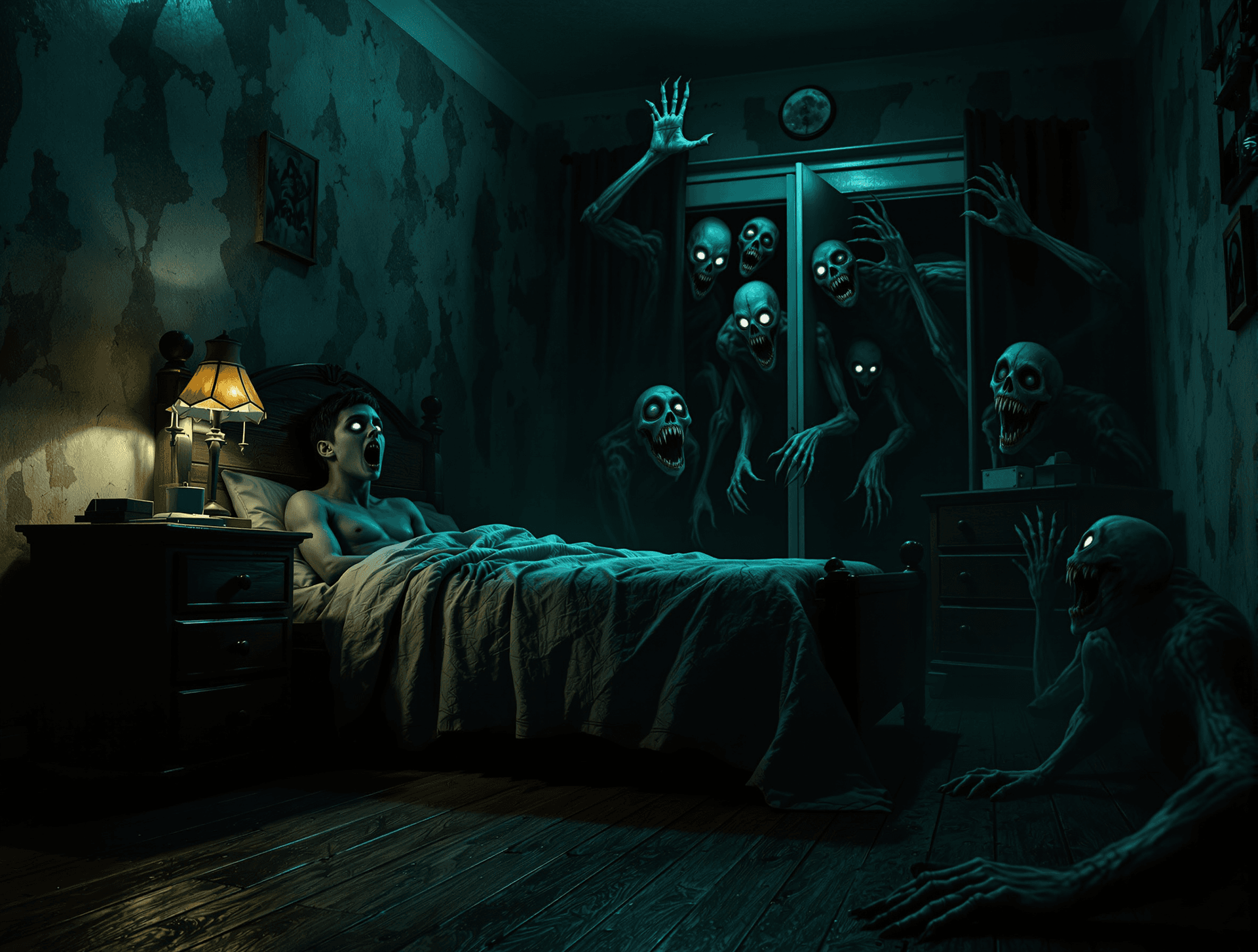 AI generated: A **chilling horror scene** set in a dimly lit **bedroom at night**, where eerie, nightmarish creatu...