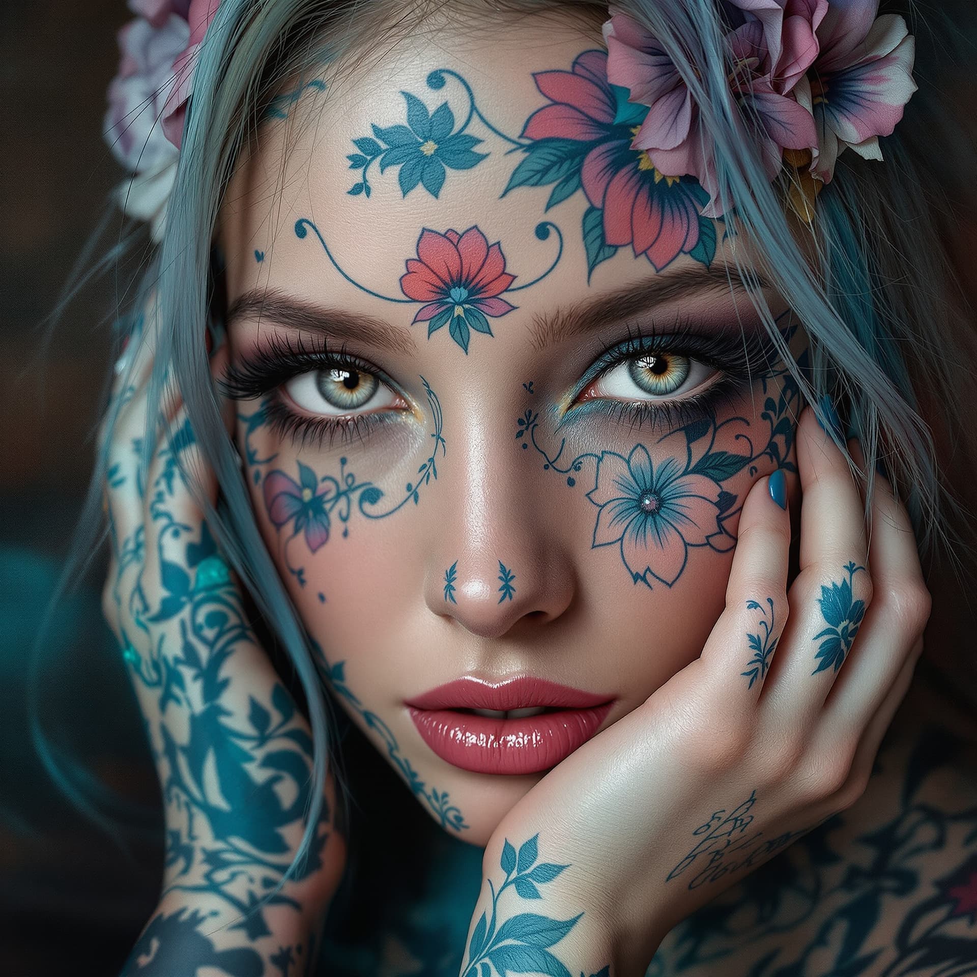 AI generated: a tattoo artist with blue tattoos and flowers on her skin, in the style of futuristic fantasy, inten...