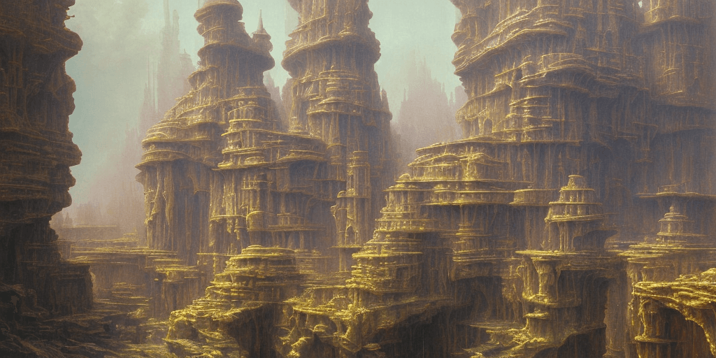 AI generated: a 3d detailed painting inspired by moebius of a wet foggy futuristic desert town. inspired by techno...