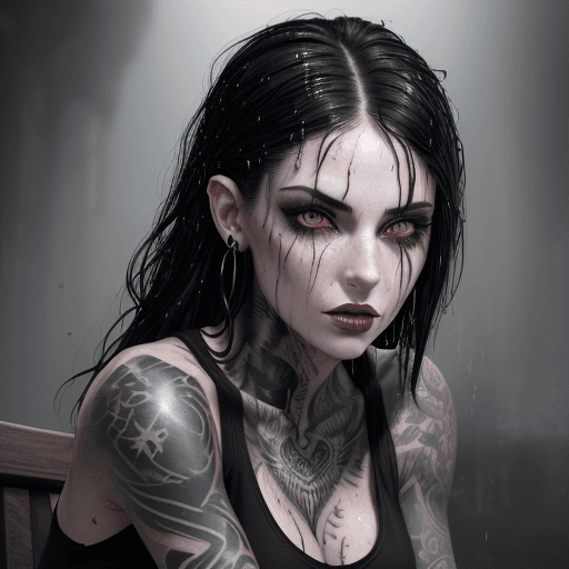 AI generated: Create a 4k HD image of a close up portrait. Of a beautiful woman with tattoos as creature of the da...