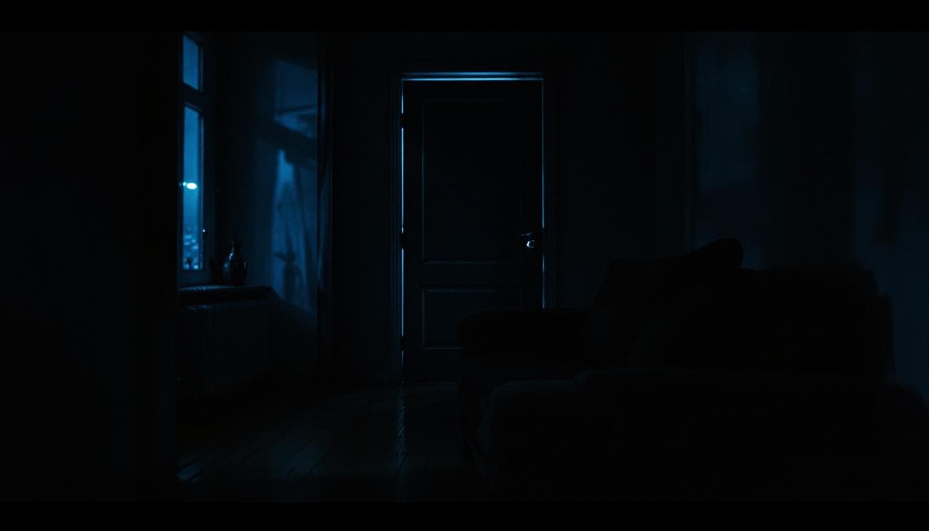 AI generated: Cinematic, ultra-realistic POV shot inside a small Berlin apartment at night. Very low, moody lighti...