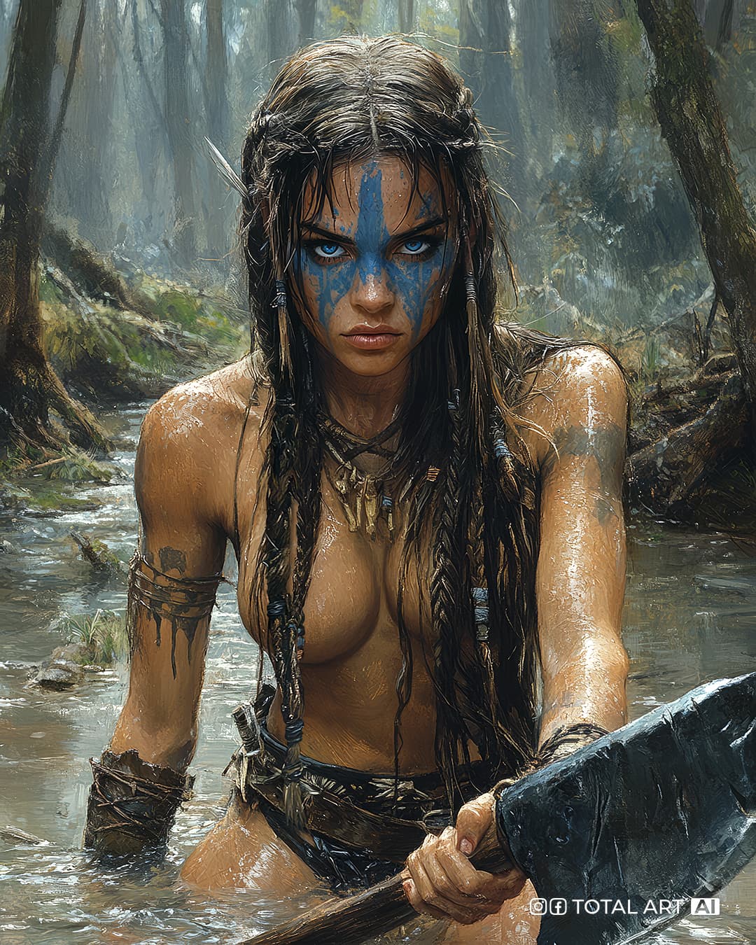 AI generated: Full body shot of a beautiful female barbarian warrior wearing blue face paint and loincloth, holdin...