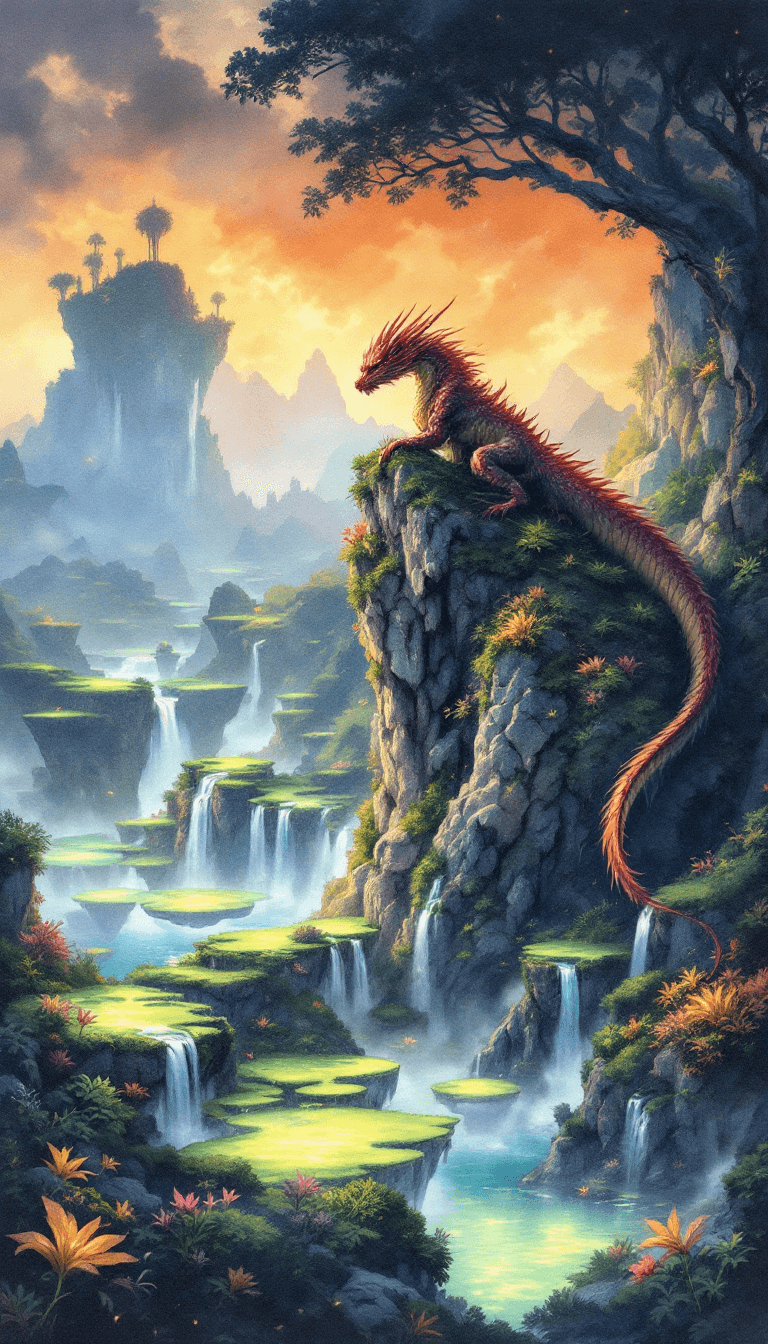 AI generated: A majestic Dragon perched on a craggy mountaintop, overlooking a mystical valley filled with floatin...