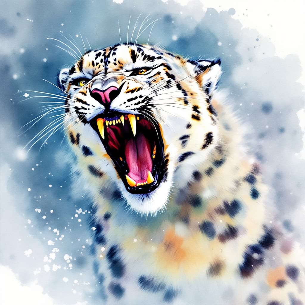 AI generated: snow leopard growling in a water color style painting