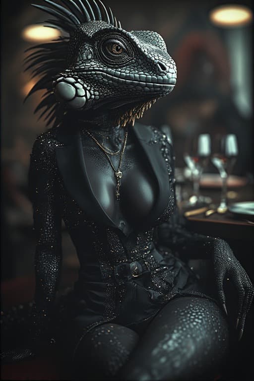 AI generated: A glamorous anthropomorphic iguana woman with intricate black scaly skin, sharp spiky crest, and pie...